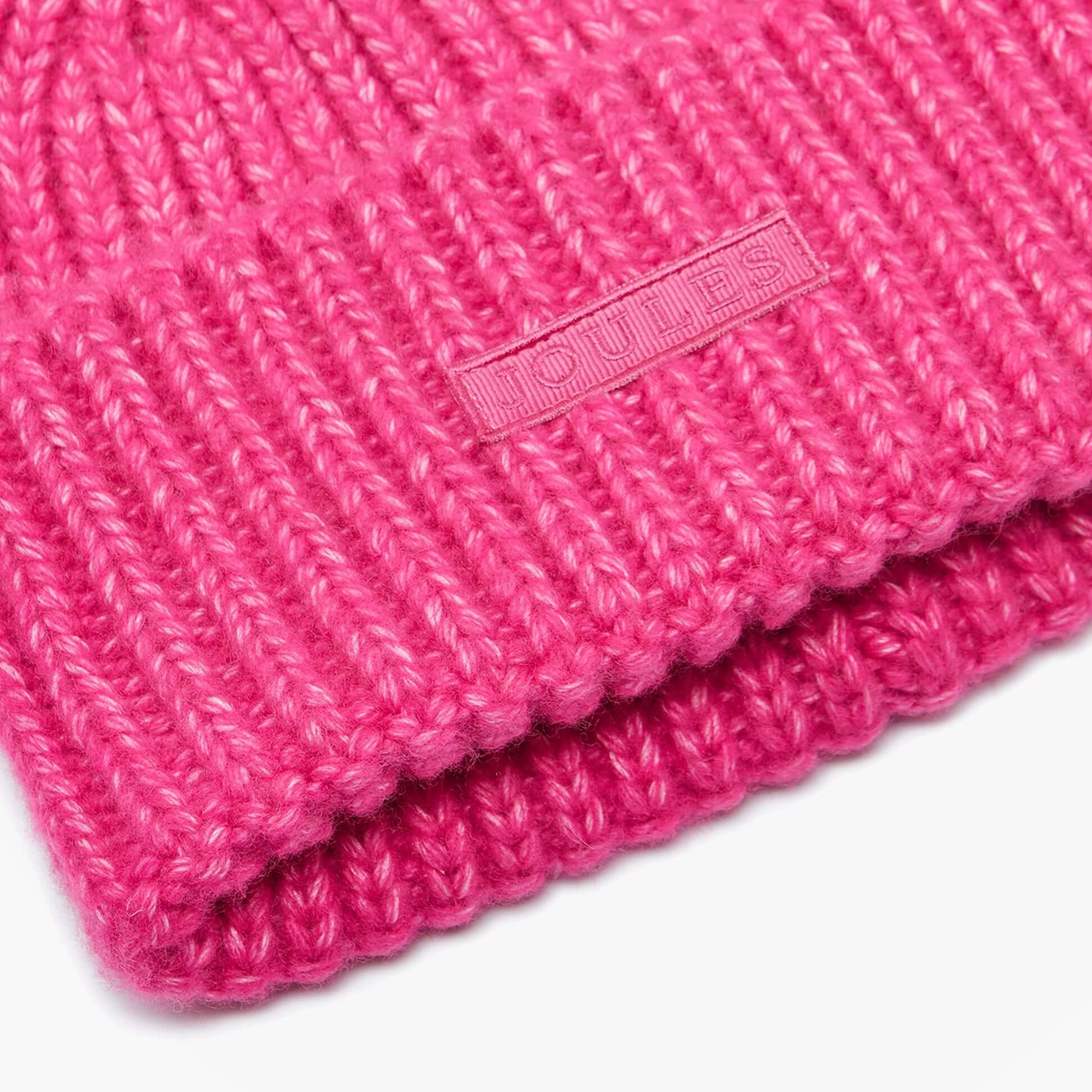 Joules ROSA Womens Beanie Pink detail view showing texture and logo on the folded edge.