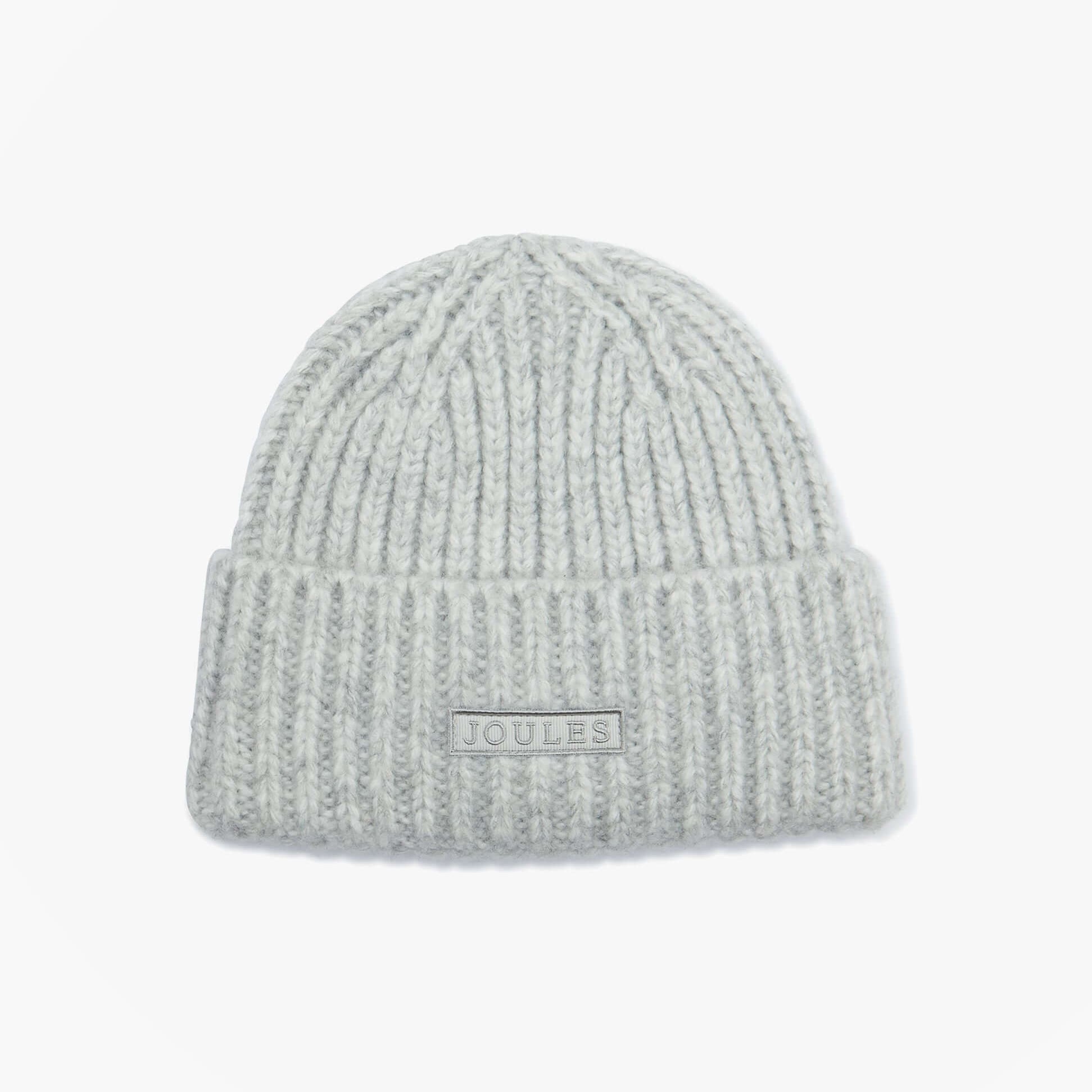 Joules ROSA Womens Beanie Grey front view showcasing soft textured knit with logo.