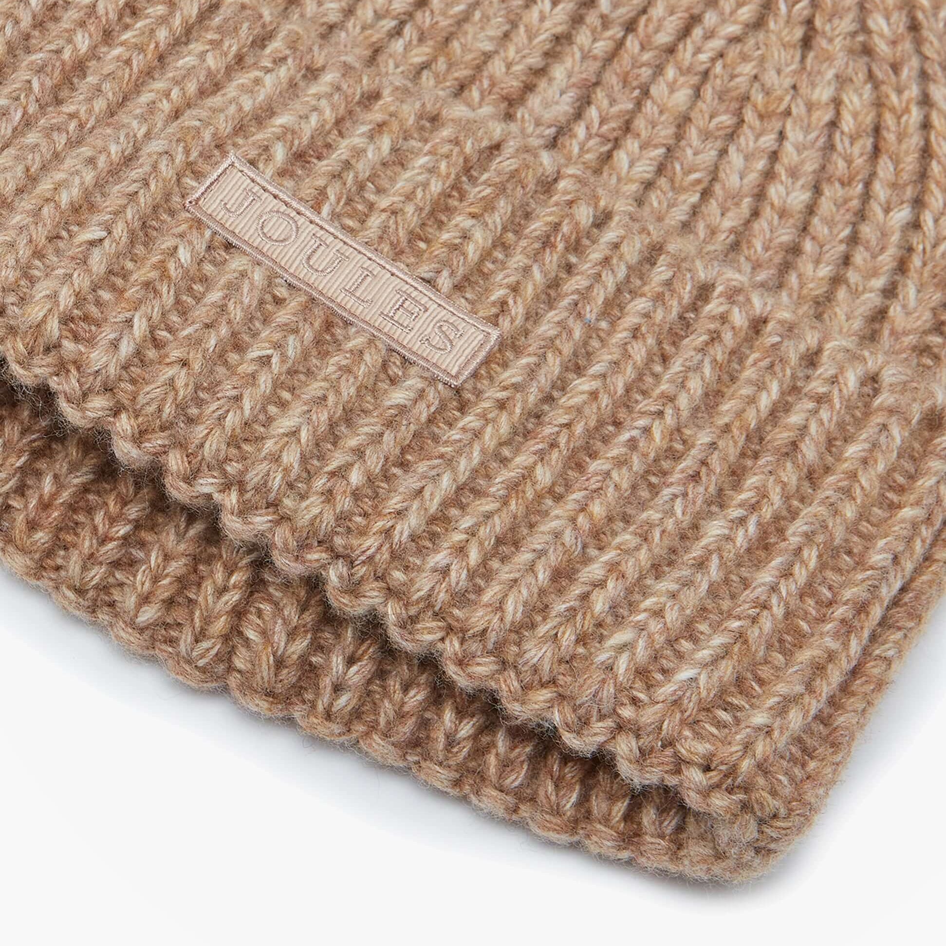 Joules ROSA Womens Beanie Oatmeal detail view showing knit texture and logo.
