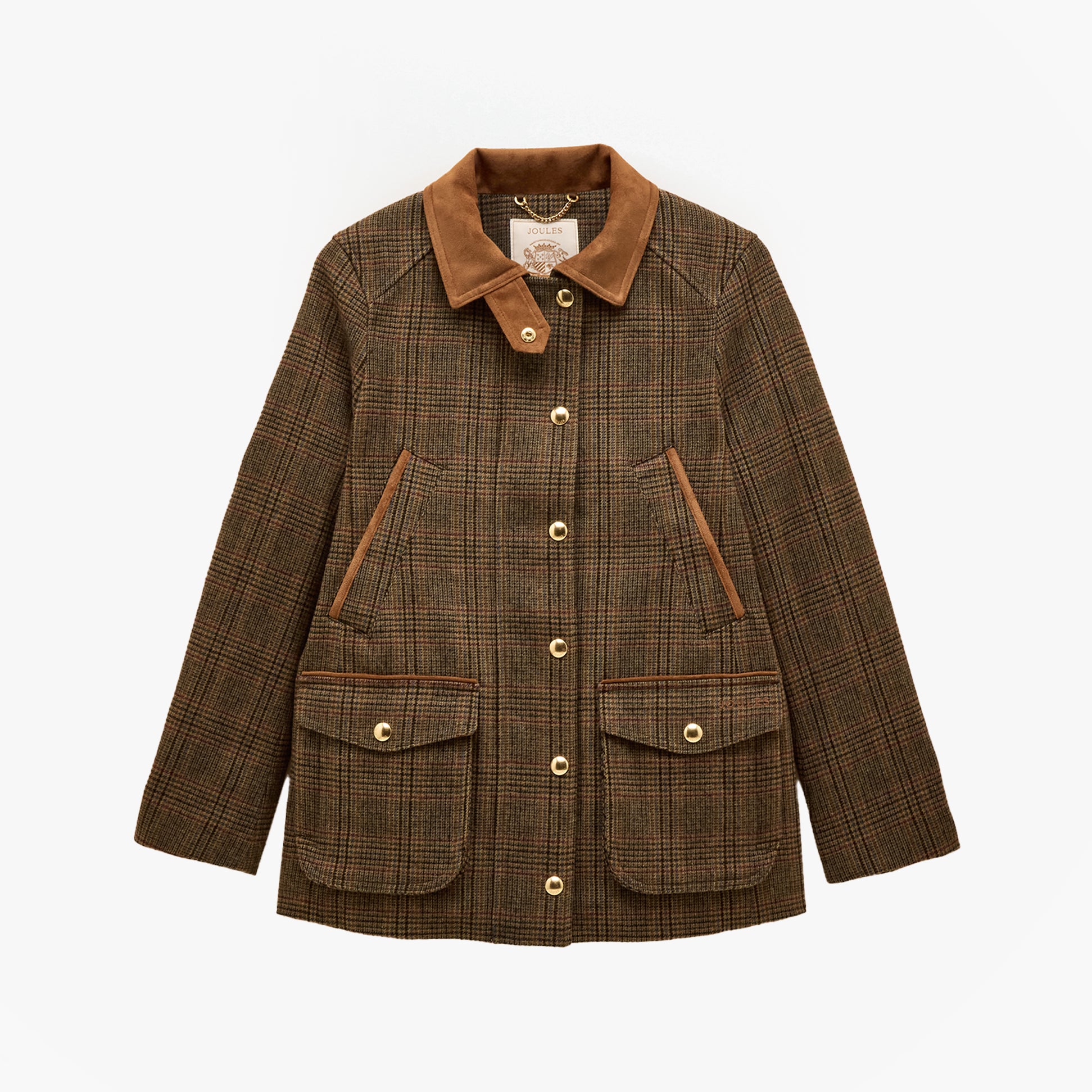 Joules CONTEMPORARY Womens Check Tweed Fieldcoat Brown front view showcasing stylish checks and button closure.