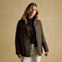 Joules CONTEMPORARY Womens Check Tweed Fieldcoat Brown front view with model wearing, showcasing button closure and plaid design.
