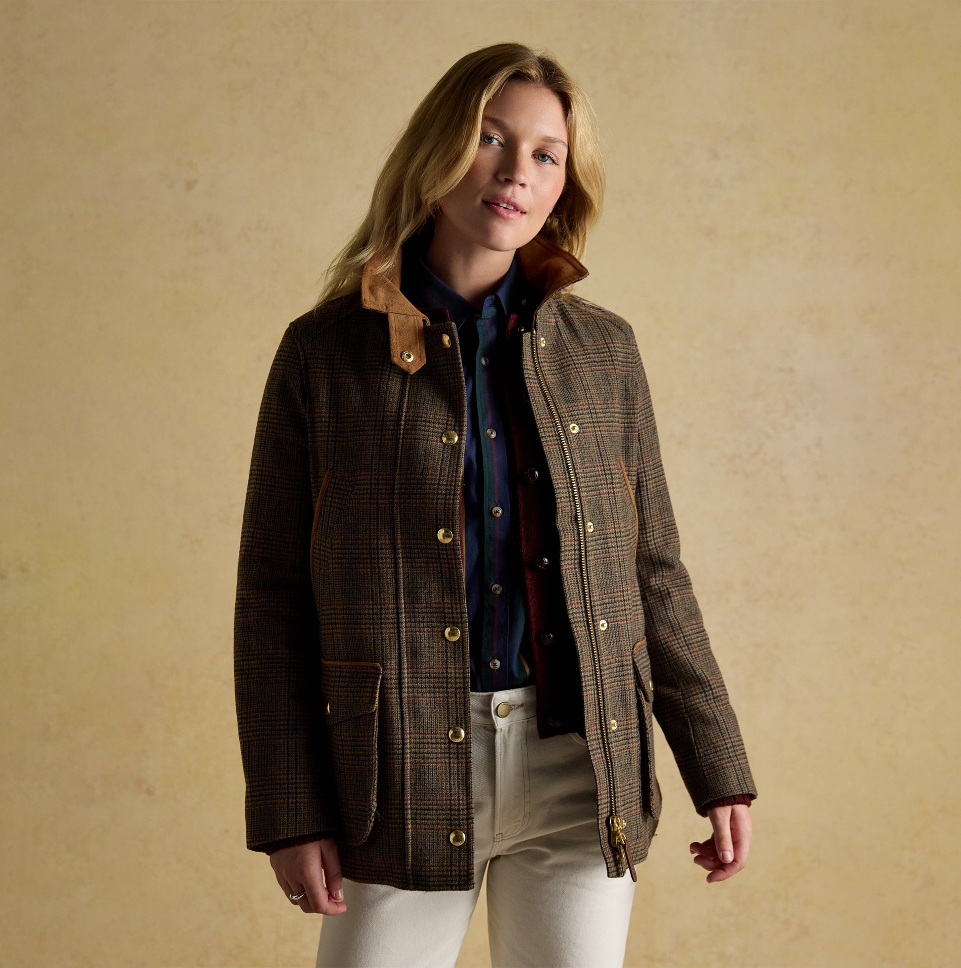 Joules CONTEMPORARY Womens Check Tweed Fieldcoat Brown front view with model wearing, showcasing button closure and plaid design.