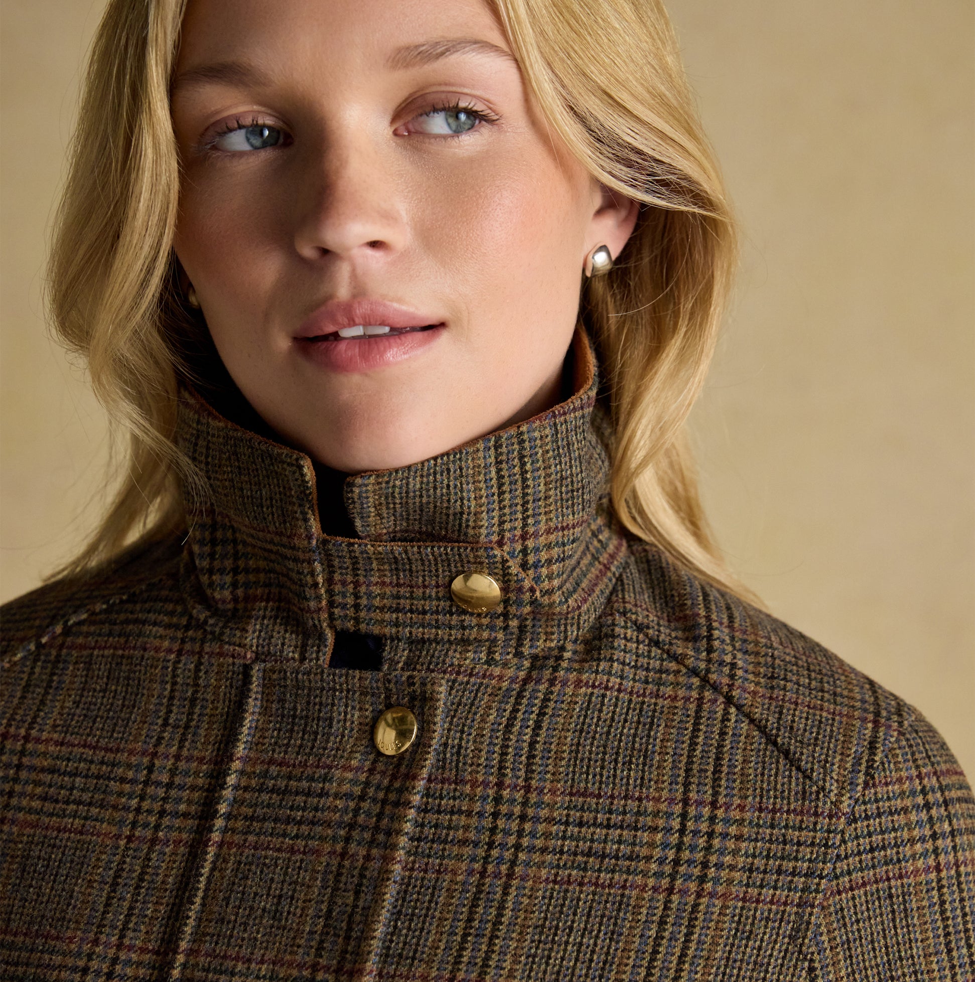 Joules CONTEMPORARY Womens Check Tweed Fieldcoat Brown close-up detail view showing collar and buttons.