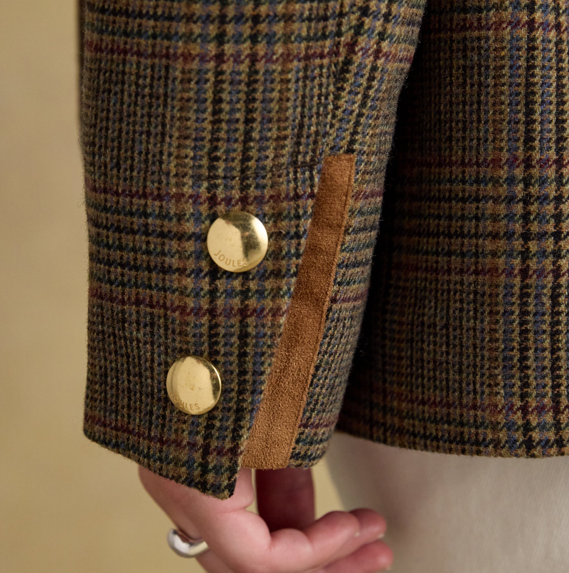 Joules CONTEMPORARY Womens Check Tweed Fieldcoat Brown detail view showing buttons and fabric texture.