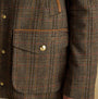 Joules CONTEMPORARY Womens Check Tweed Fieldcoat Brown detail view highlighting fabric and pocket features.