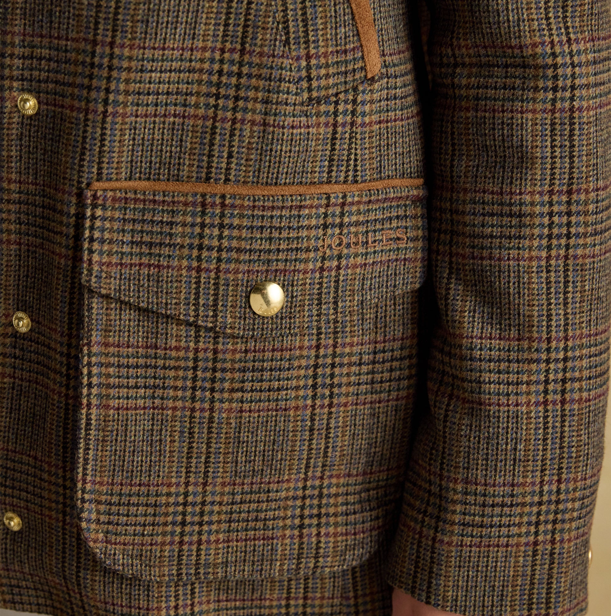 Joules CONTEMPORARY Womens Check Tweed Fieldcoat Brown detail view highlighting fabric and pocket features.
