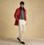 Joules HAMMOND Mens Beanie Navy side view worn by model with red coat and checkered shirt.