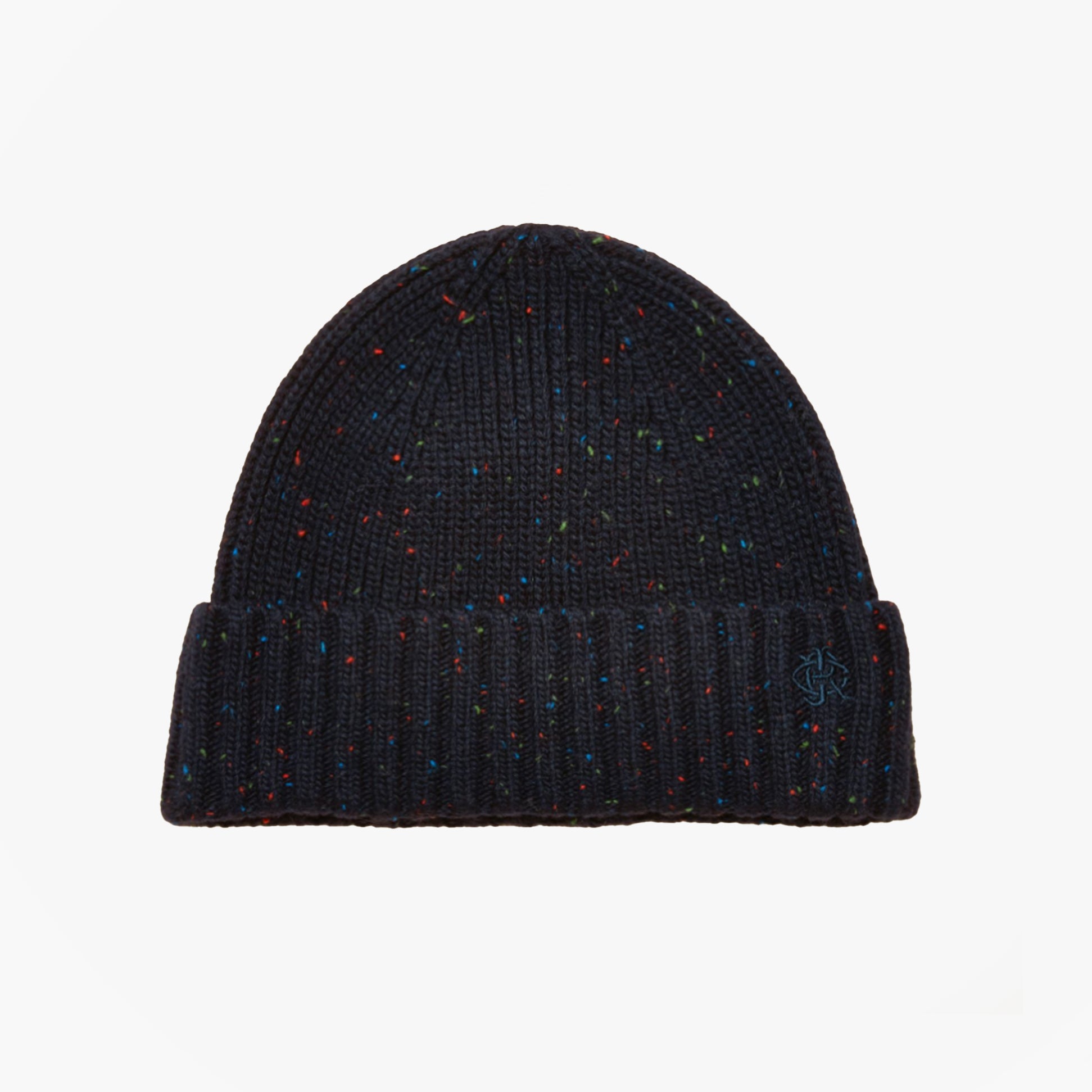 Joules HAMMOND Mens Beanie Navy top view showcasing multicolored flecks in the knit.