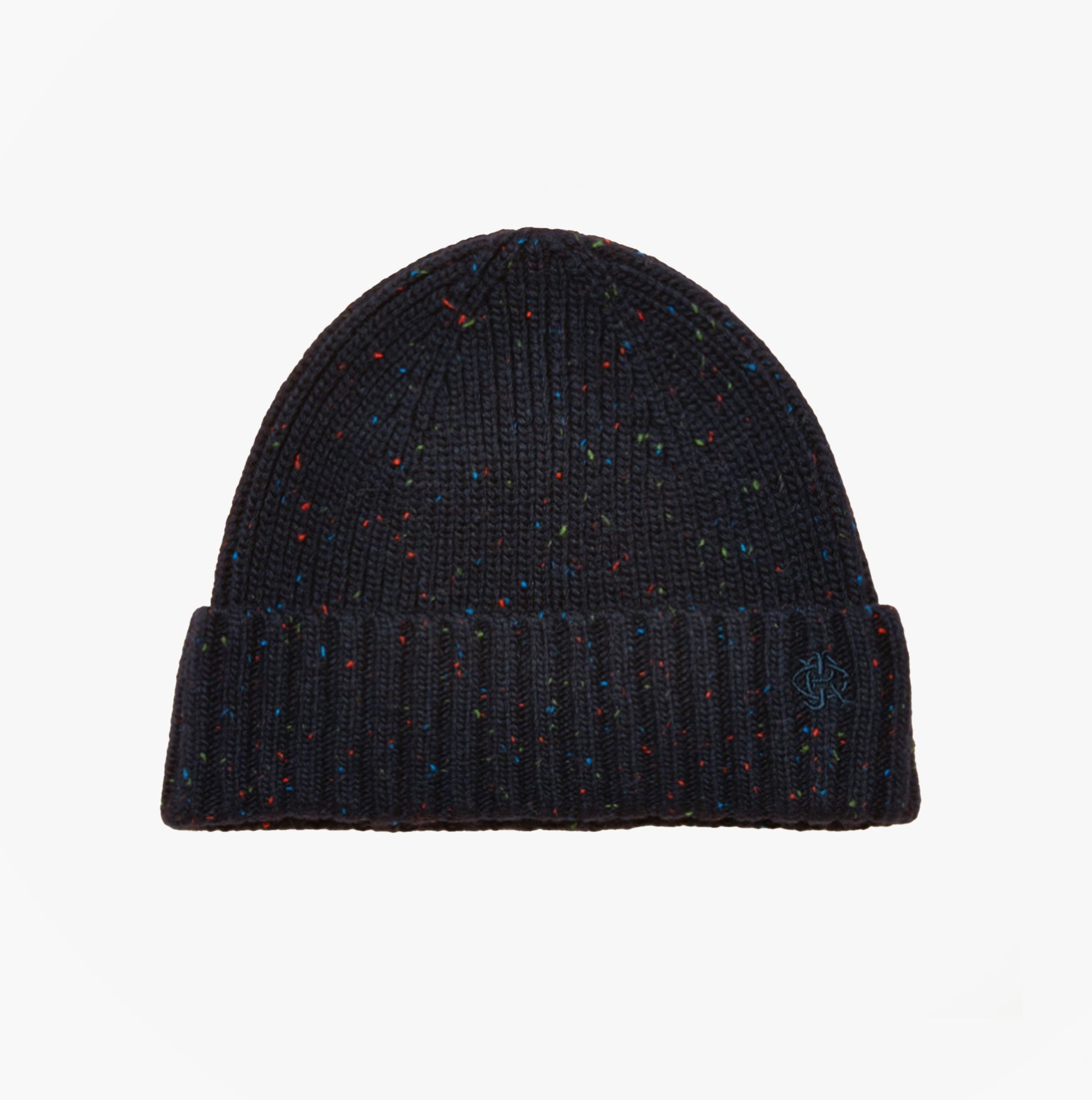 Joules HAMMOND Mens Beanie Navy top view showcasing multicolored flecks in the knit.