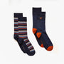 Joules KINGSBURY Mens Socks Navy/Ginger front view showing striped and solid designs in navy and ginger accents.