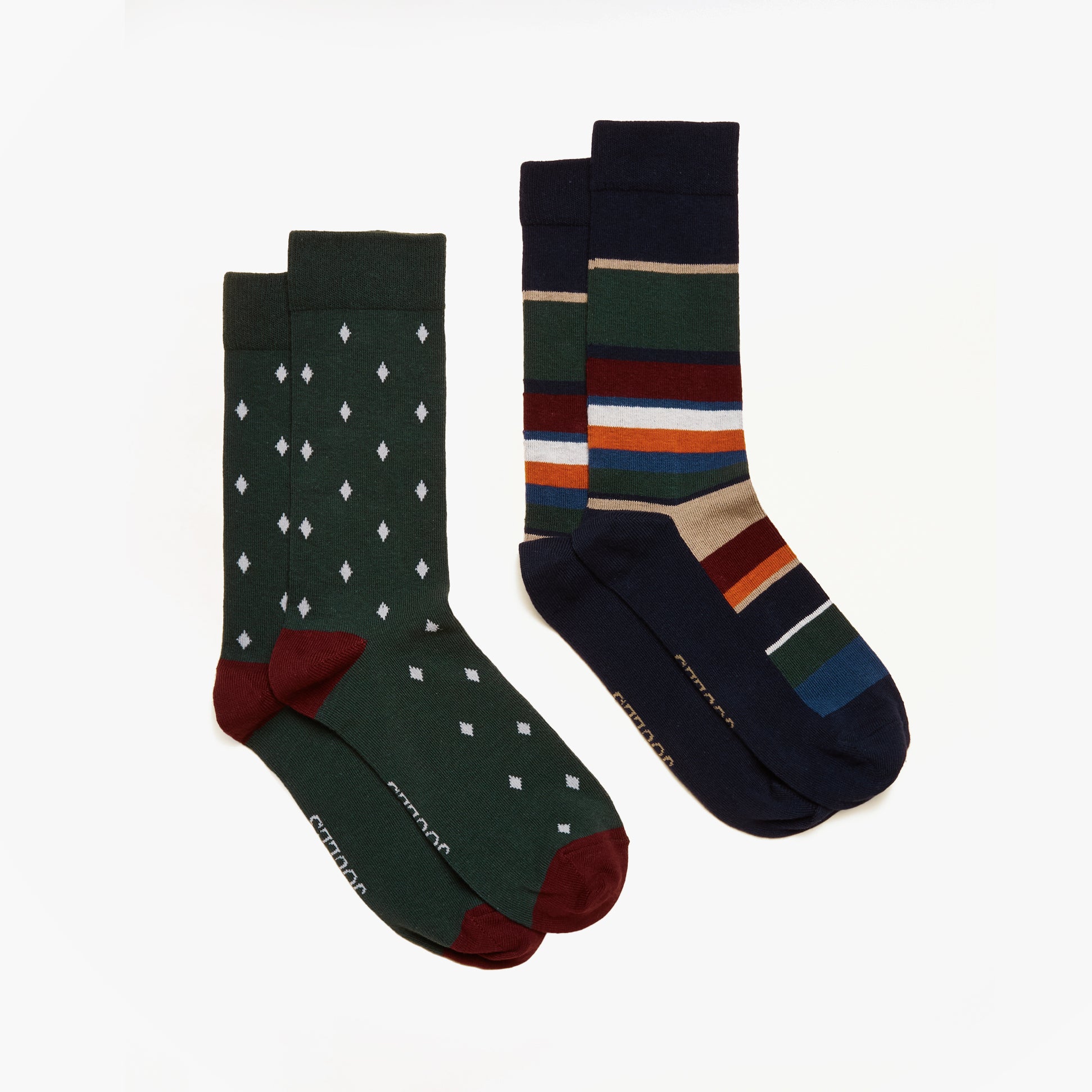 Joules KINGSBURY Mens Socks Multi side view showcasing a patterned green sock and a striped navy sock.