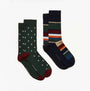 Joules KINGSBURY Mens Socks Multi side view showcasing a patterned green sock and a striped navy sock.