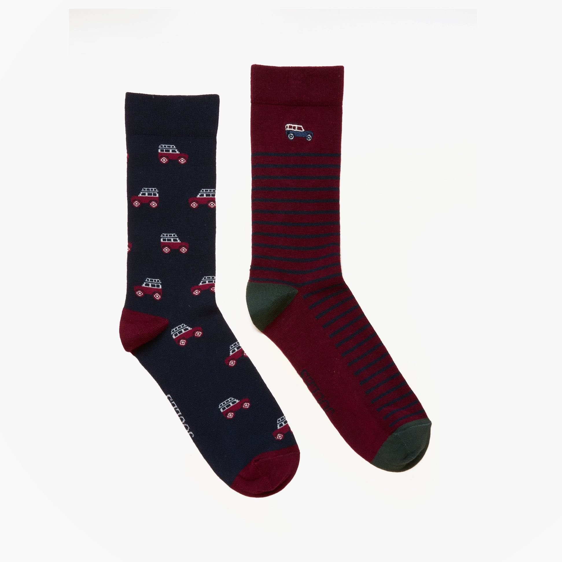 Joules KINGSBURY Mens Car Design Socks Red/Blue front view featuring two pairs with car design and striped pattern.