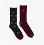 Joules KINGSBURY Mens Car Design Socks Red/Blue front view featuring two pairs with car design and striped pattern.