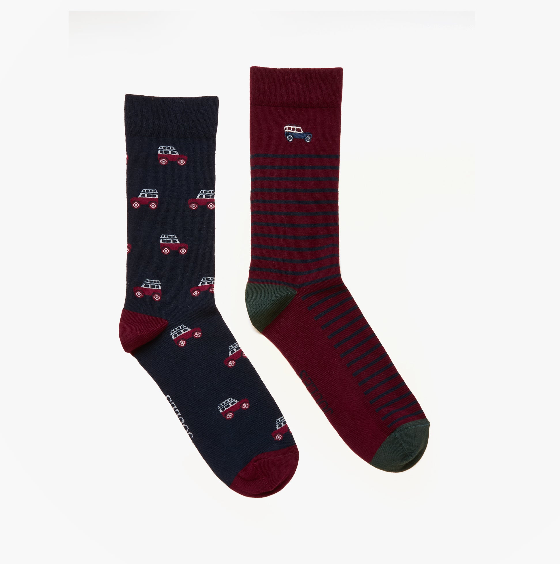 Joules KINGSBURY Mens Car Design Socks Red/Blue front view featuring two pairs with car design and striped pattern.
