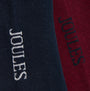Joules KINGSBURY Mens Car Design Socks Red/Blue detail view showing logos on navy and burgundy backgrounds