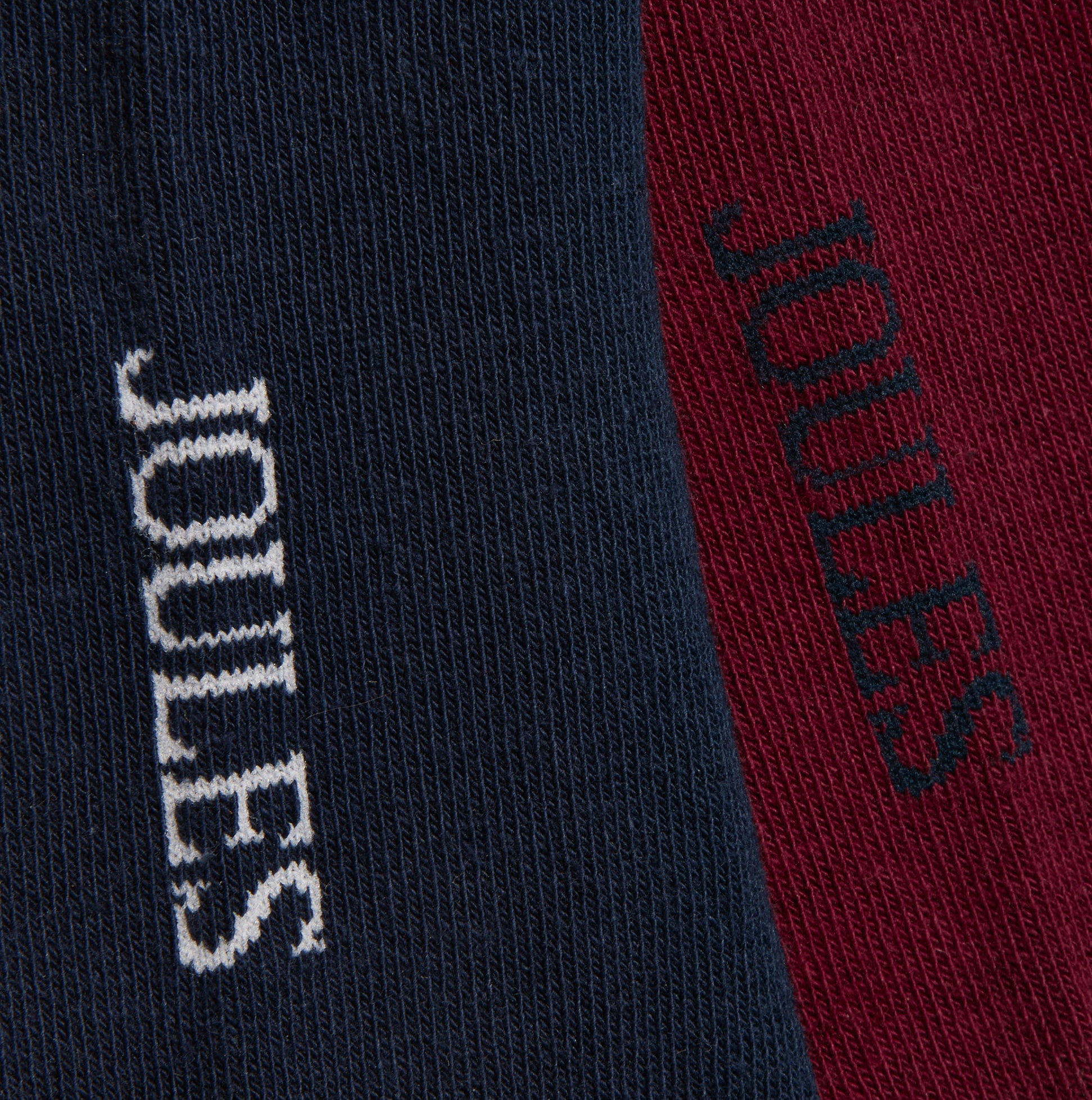 Joules KINGSBURY Mens Car Design Socks Red/Blue detail view showing logos on navy and burgundy backgrounds