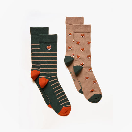 Joules KINGSBURY Mens Socks Green/Orange side view showing striped and patterned designs with fox motifs.