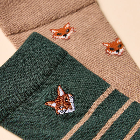 Joules KINGSBURY Mens Socks Green/Orange detail view showing fox designs and color contrast.