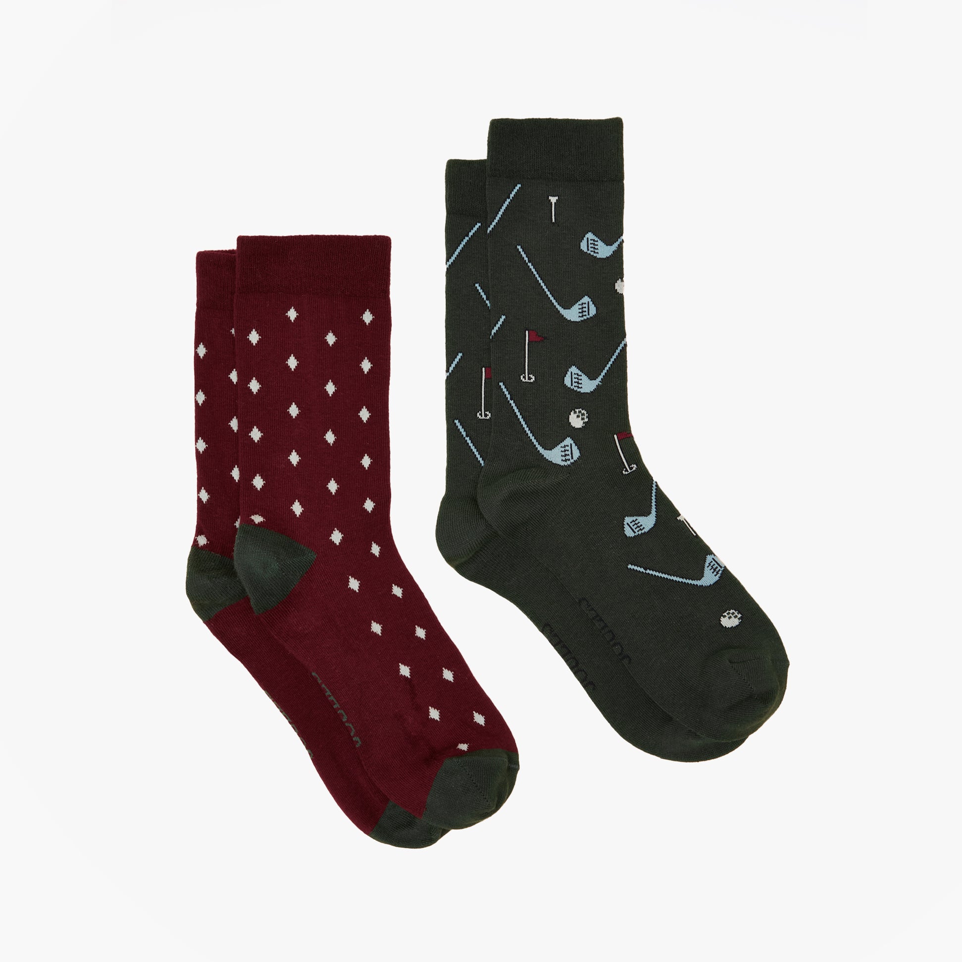Joules KINGSBURY Mens Socks Red/Green side view showing patterned designs and crew length for vibrant style.