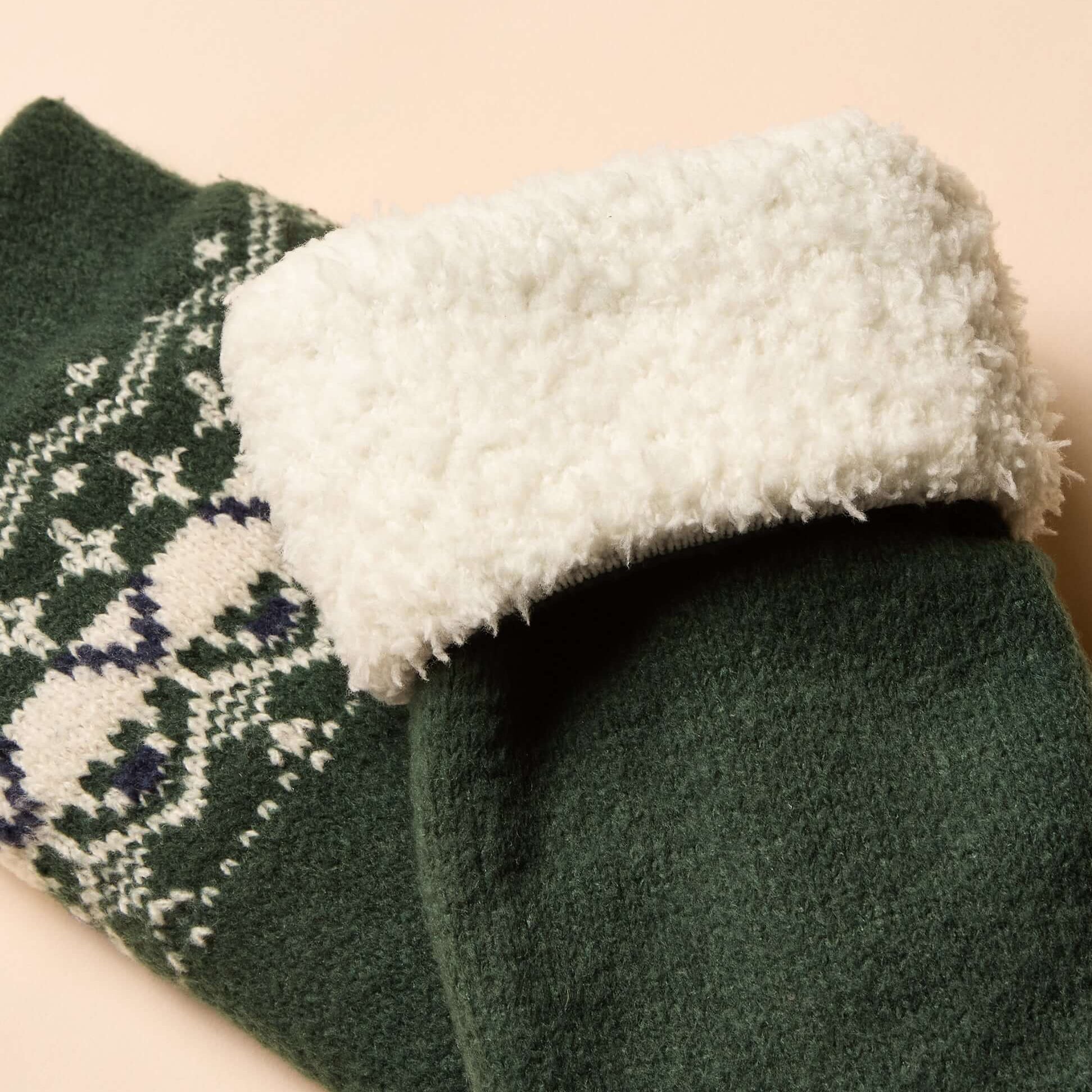 Joules CHALET Mens Socks Green detail view with soft cream lining and patterned design.