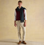 Joules LANGTREE Mens Scarf Navy front view worn by model with burgundy vest and beige trousers, featuring plaid pattern.