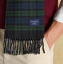 Joules LANGTREE Mens Scarf Navy detail view showcasing the fabric and fringes with brand label.