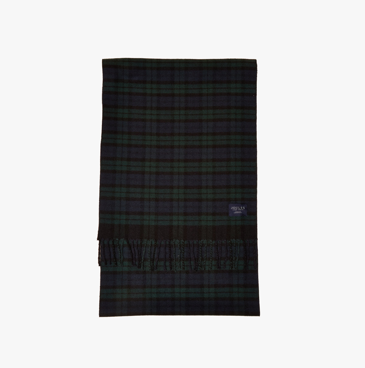 Joules LANGTREE Mens Scarf Navy front view, featuring a plaid pattern with fringed edges.
