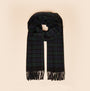 Joules LANGTREE Mens Scarf Navy front view showcasing its stylish design and soft texture with fringed edges.