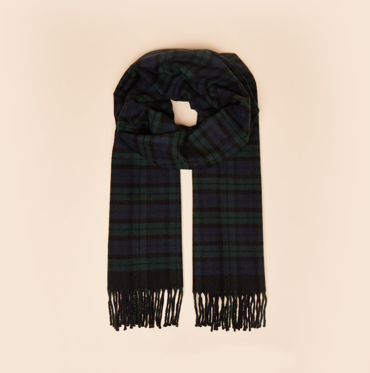 Joules LANGTREE Mens Scarf Navy front view showcasing its stylish design and soft texture with fringed edges.
