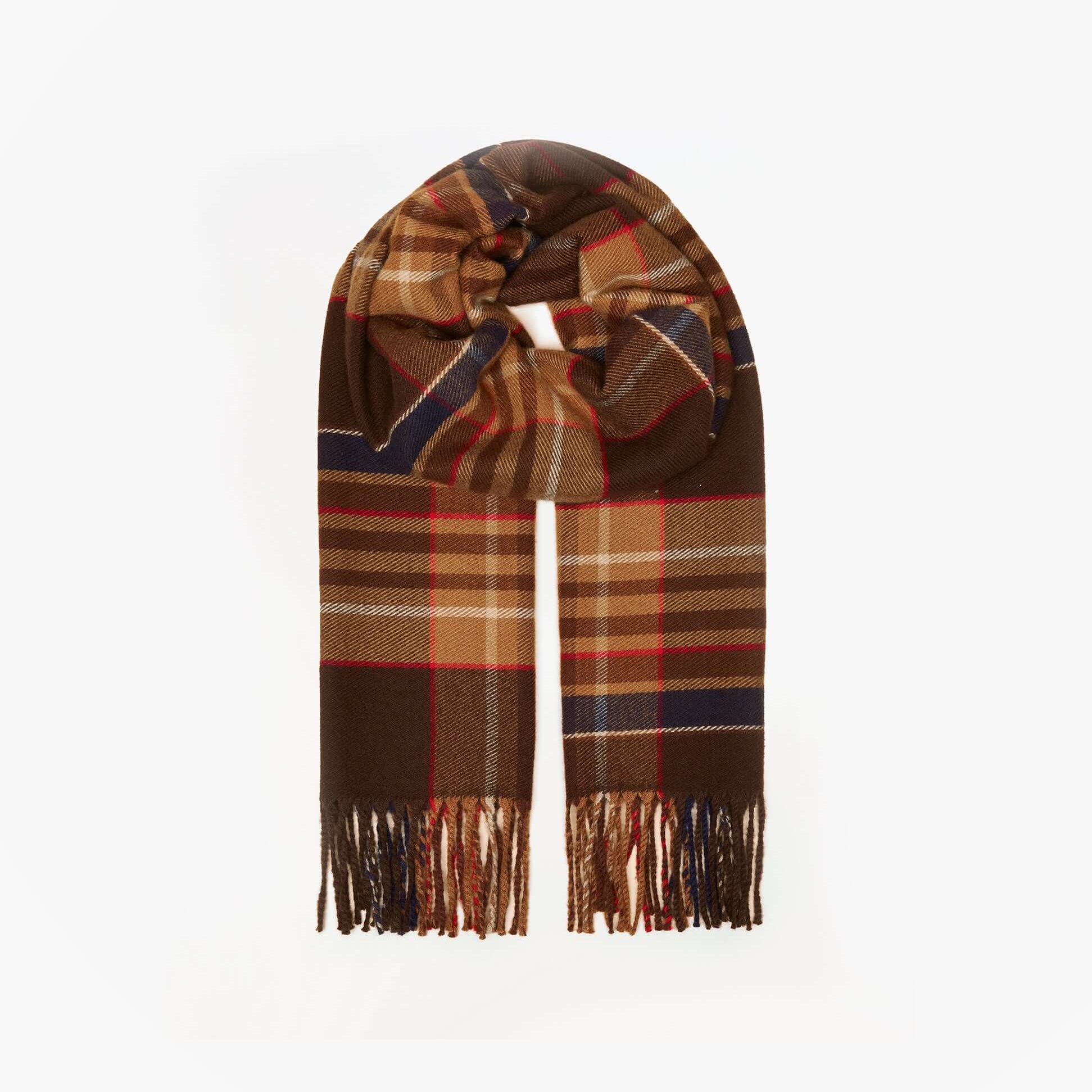 Joules LANGTREE Mens Winter Brown scarf front view, featuring a plaid pattern with earthy tones and fringed edges.