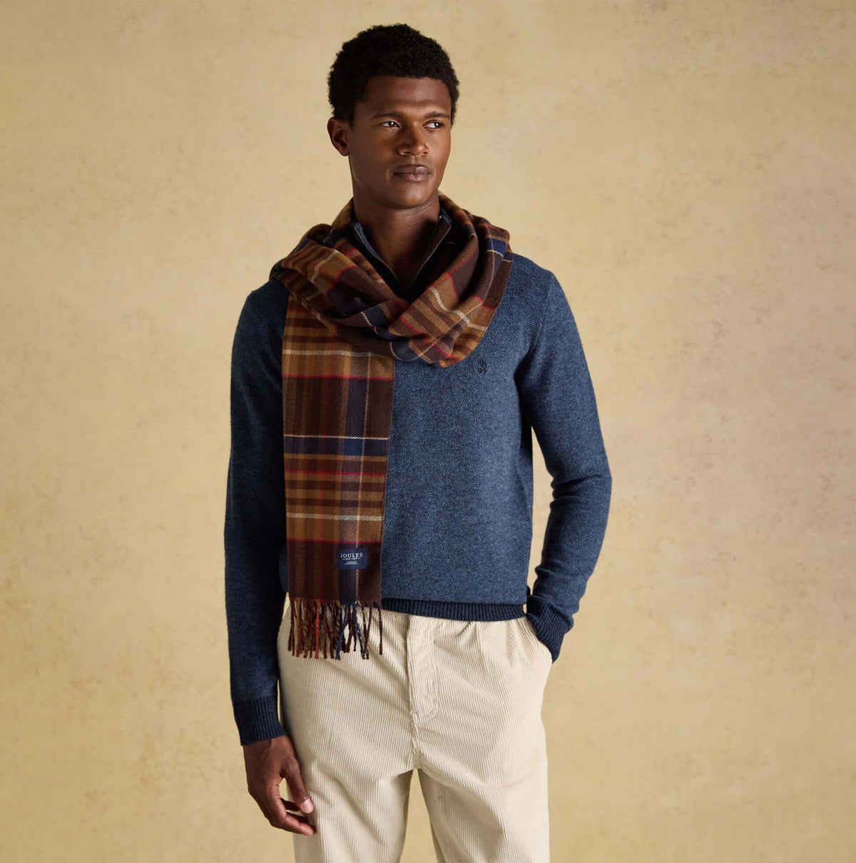 Joules LANGTREE Mens Winter Brown front view showcasing scarf with plaid design and casual sweater style.