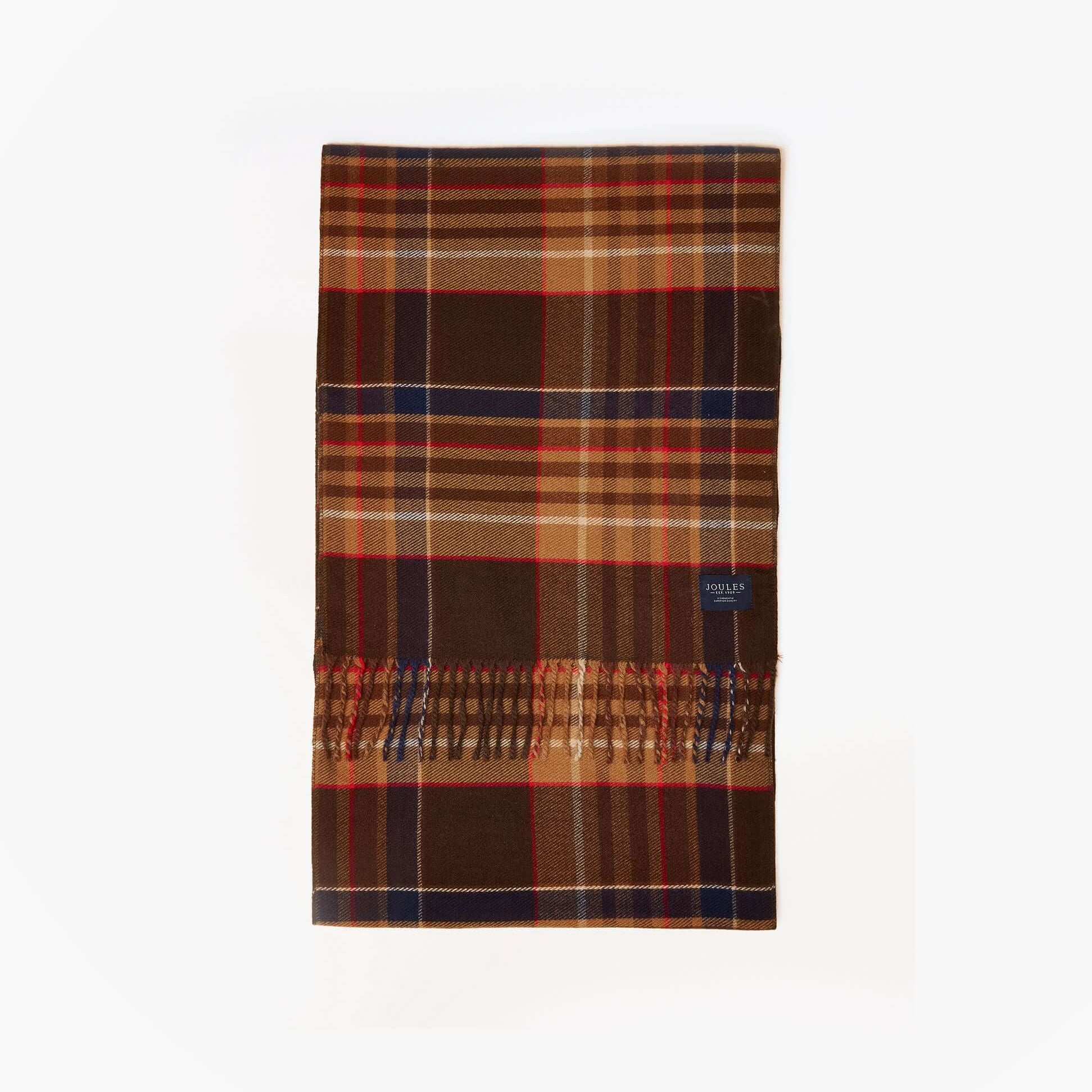 Joules LANGTREE Mens Winter Brown front view, warm checked scarf with fringe detailing, soft fabric.