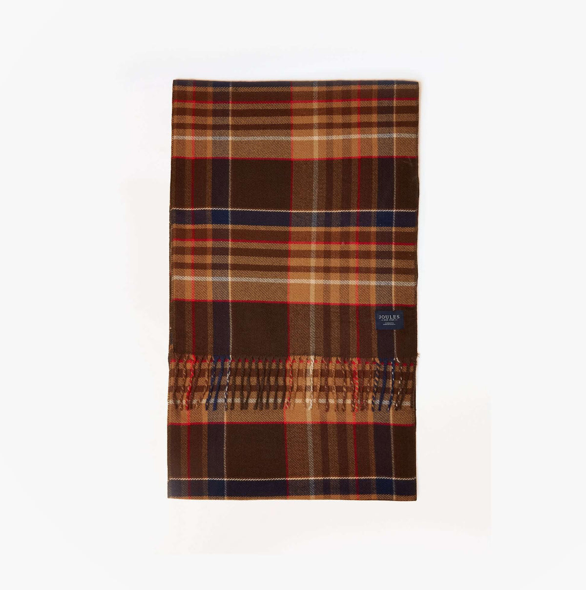 Joules LANGTREE Mens Winter Brown front view, warm checked scarf with fringe detailing, soft fabric.