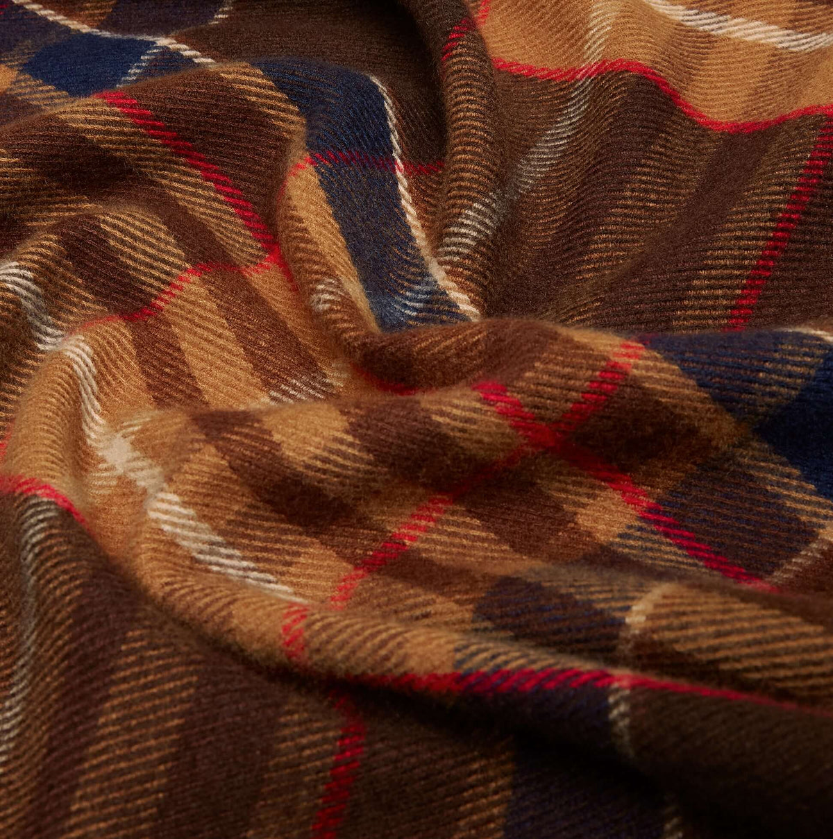 Joules LANGTREE Mens Winter Brown detail view of fabric texture with plaid pattern in warm colors.