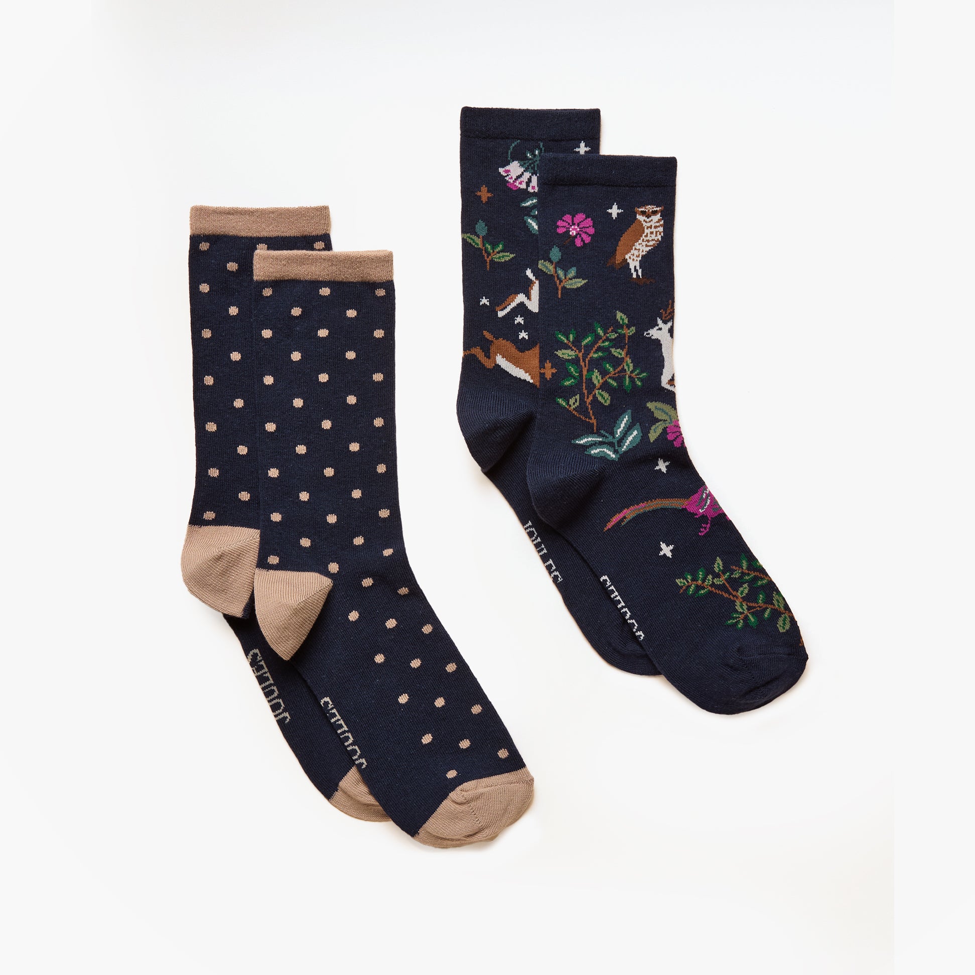 Joules EVERYDAY Womens Socks Multi Navy showing two crew socks: one with polka dots and one with floral designs.
