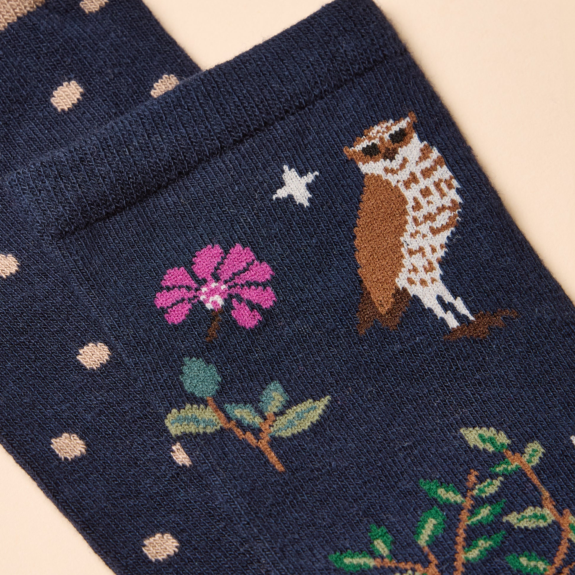 Joules EVERYDAY Womens Socks Multi Navy detail view showing floral and bird design on cotton blend fabric.