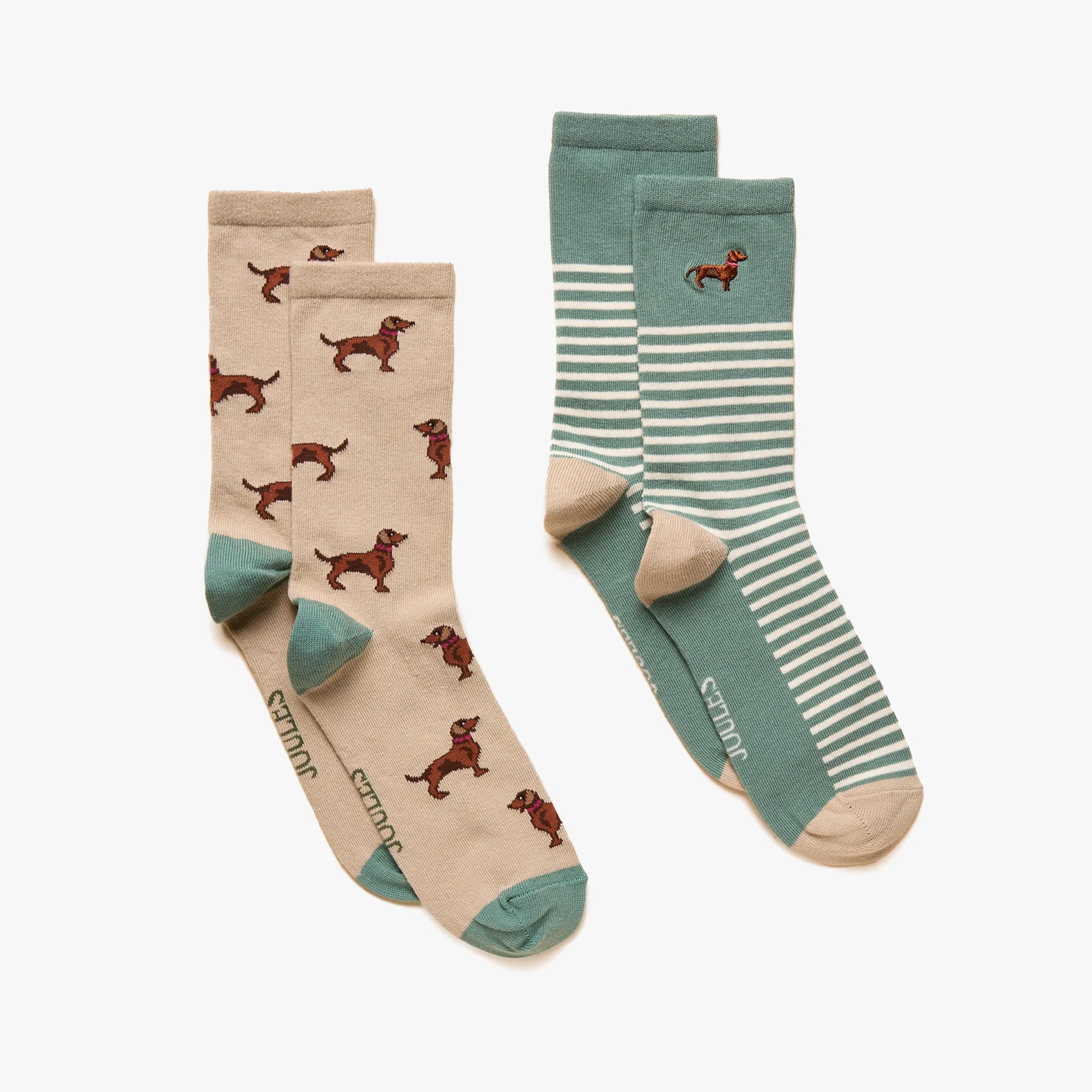 Joules EVERYDAY Womens Socks Khaki/Cream multi-pack featuring dog print and stripes, side view.