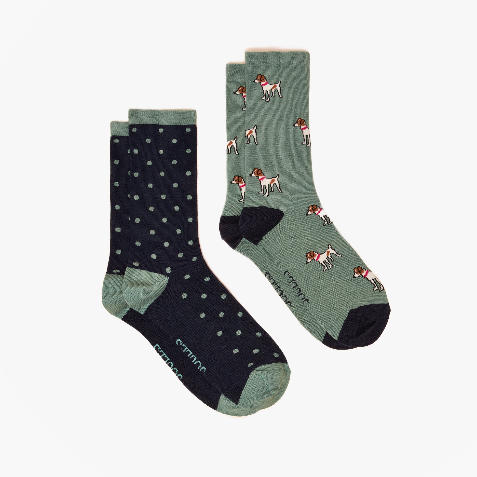 Joules EVERYDAY Womens Socks Green/Blue crew socks side view featuring dog print and polka dots design in two-pack.