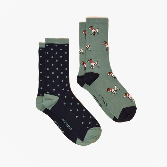 Joules EVERYDAY Womens Socks Green/Blue crew socks side view featuring dog print and polka dots design in two-pack.