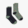 Joules EVERYDAY Womens Socks Green/Blue crew socks side view featuring dog print and polka dots design in two-pack.