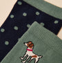 Joules EVERYDAY Womens Socks Green/Blue, detail view showcasing two crew socks with polka dots and dog pattern.