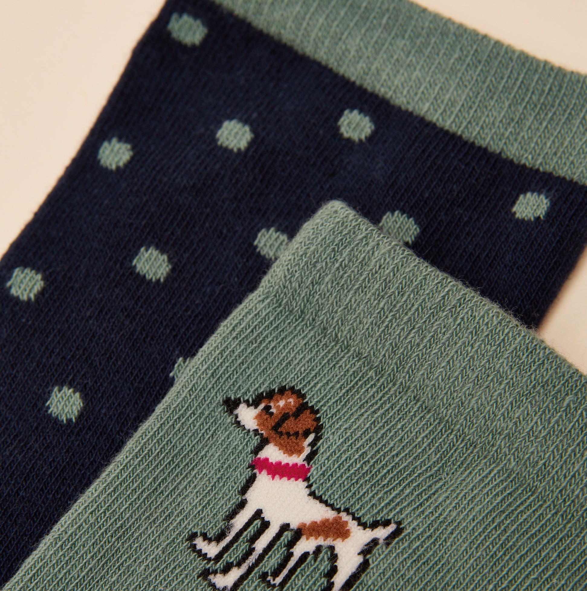 Joules EVERYDAY Womens Socks Green/Blue, detail view showcasing two crew socks with polka dots and dog pattern.