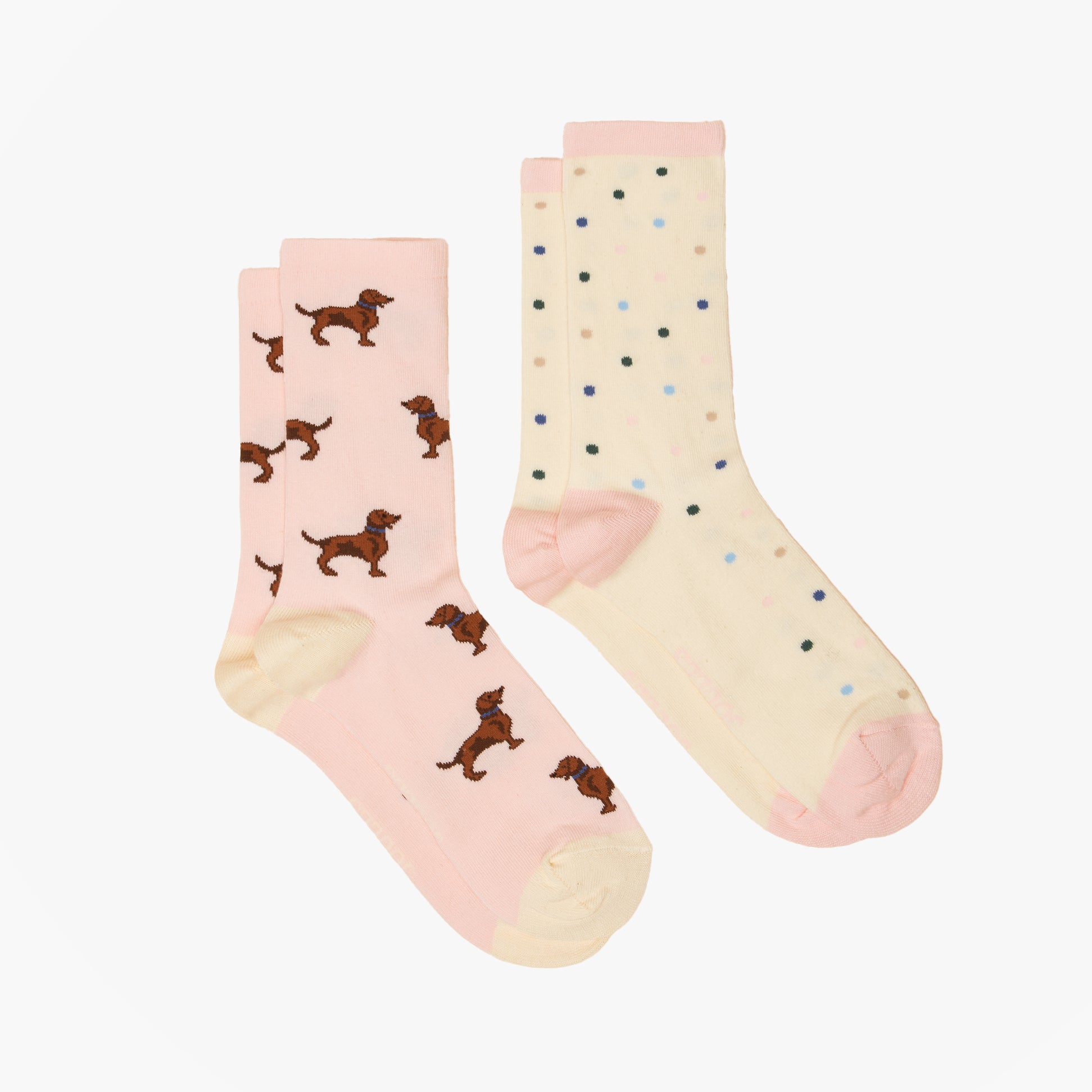 Joules EVERYDAY Womens Socks Pink/Blue, front view, featuring playful dog designs and polka dots on a light background.