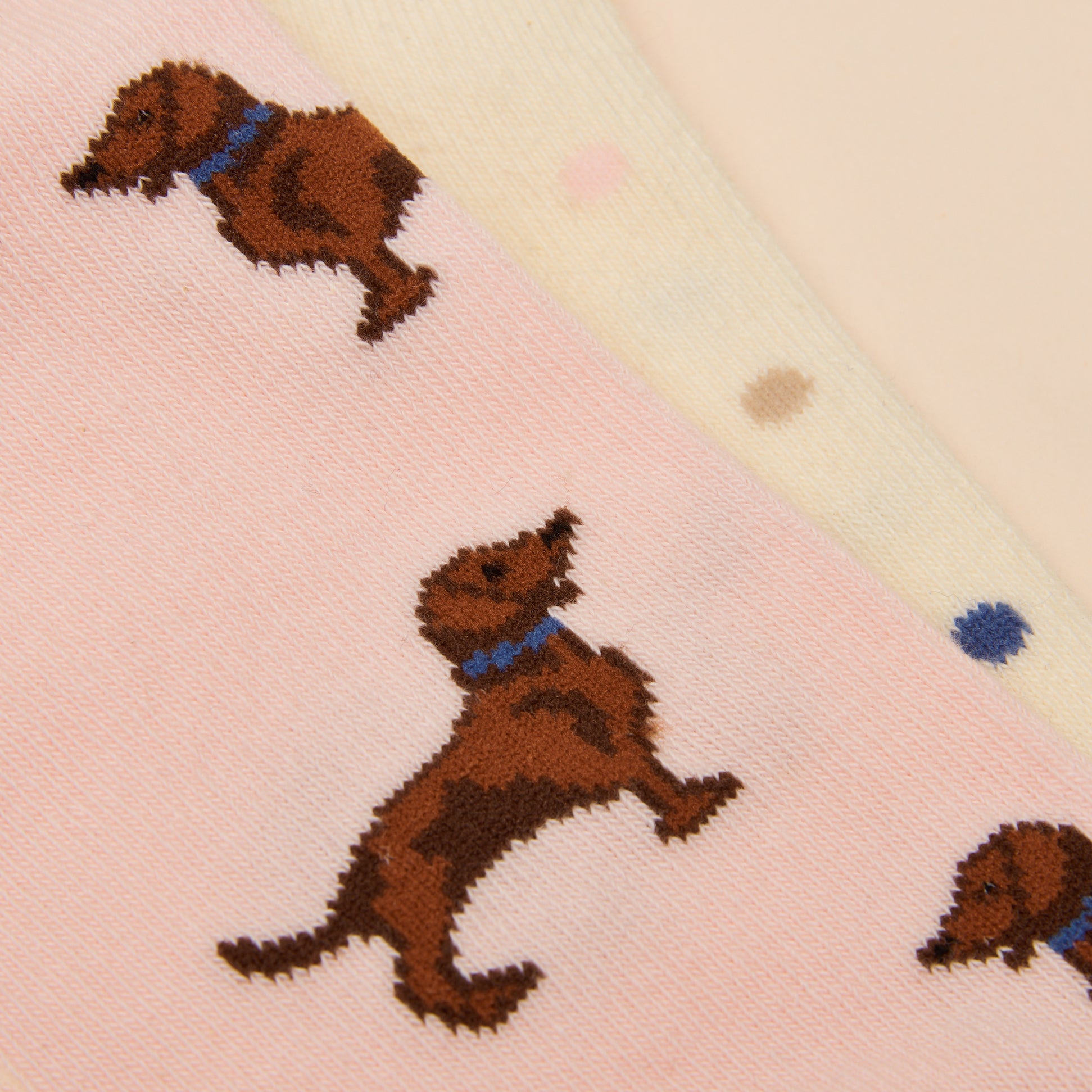 Joules EVERYDAY Womens Socks Pink/Blue close-up view showing playful dog design and colorful polka dots.