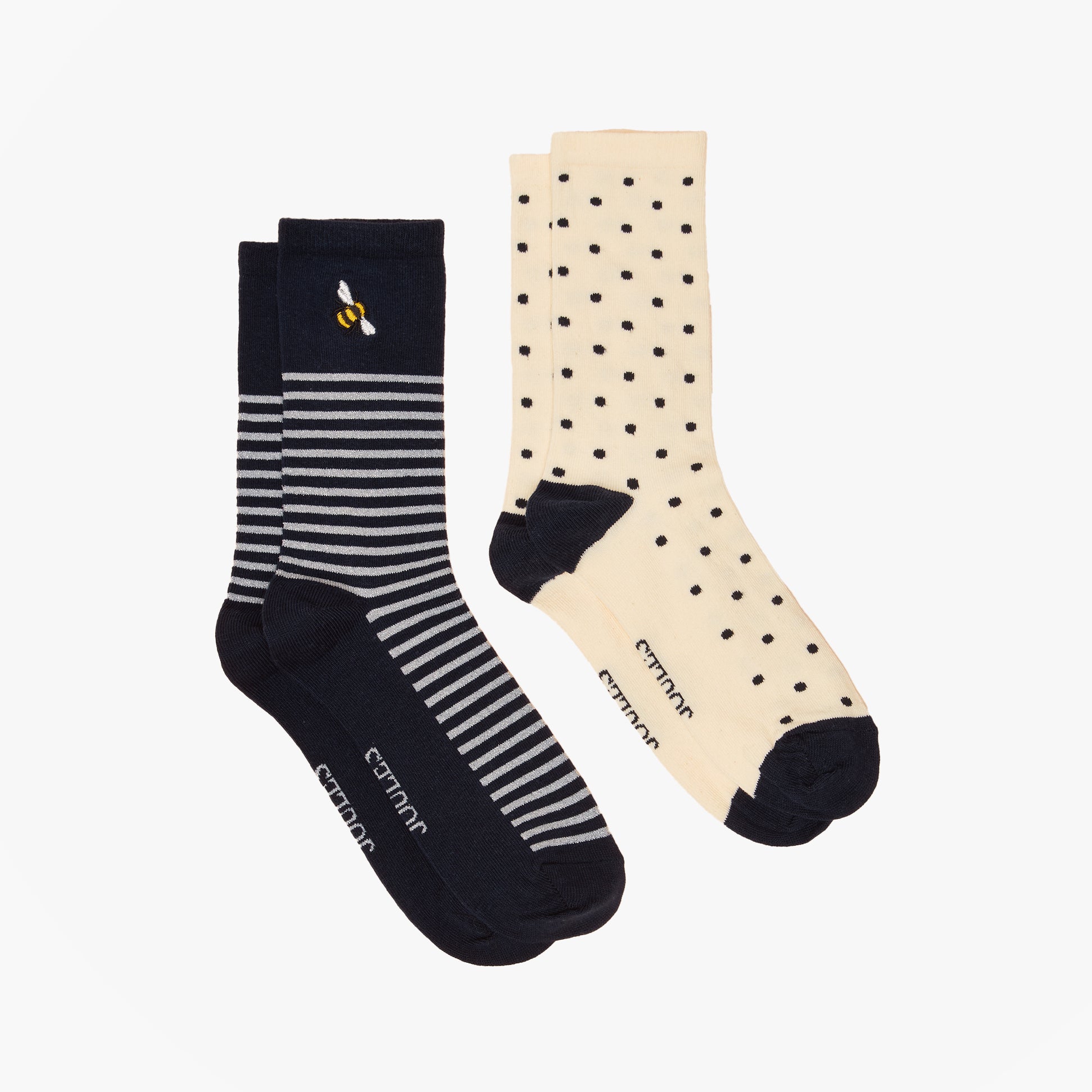 Joules EVERYDAY Womens Socks Navy/White, side view of two-pack crew socks, featuring stripes and polka dots.