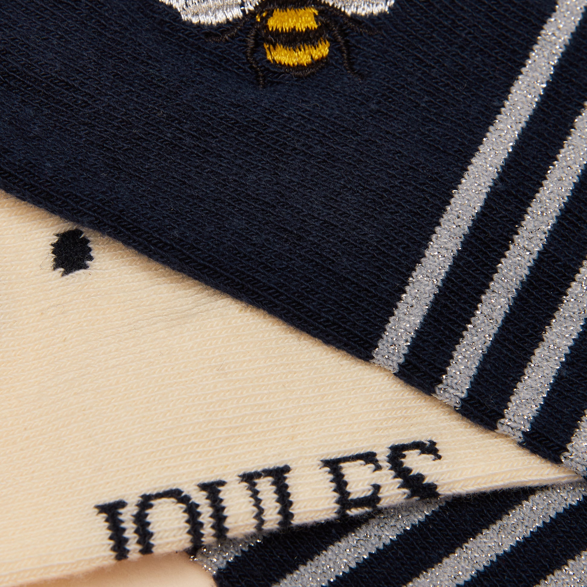 Joules EVERYDAY Womens Socks Navy/White detail view featuring navy socks with bee design and striped pattern.