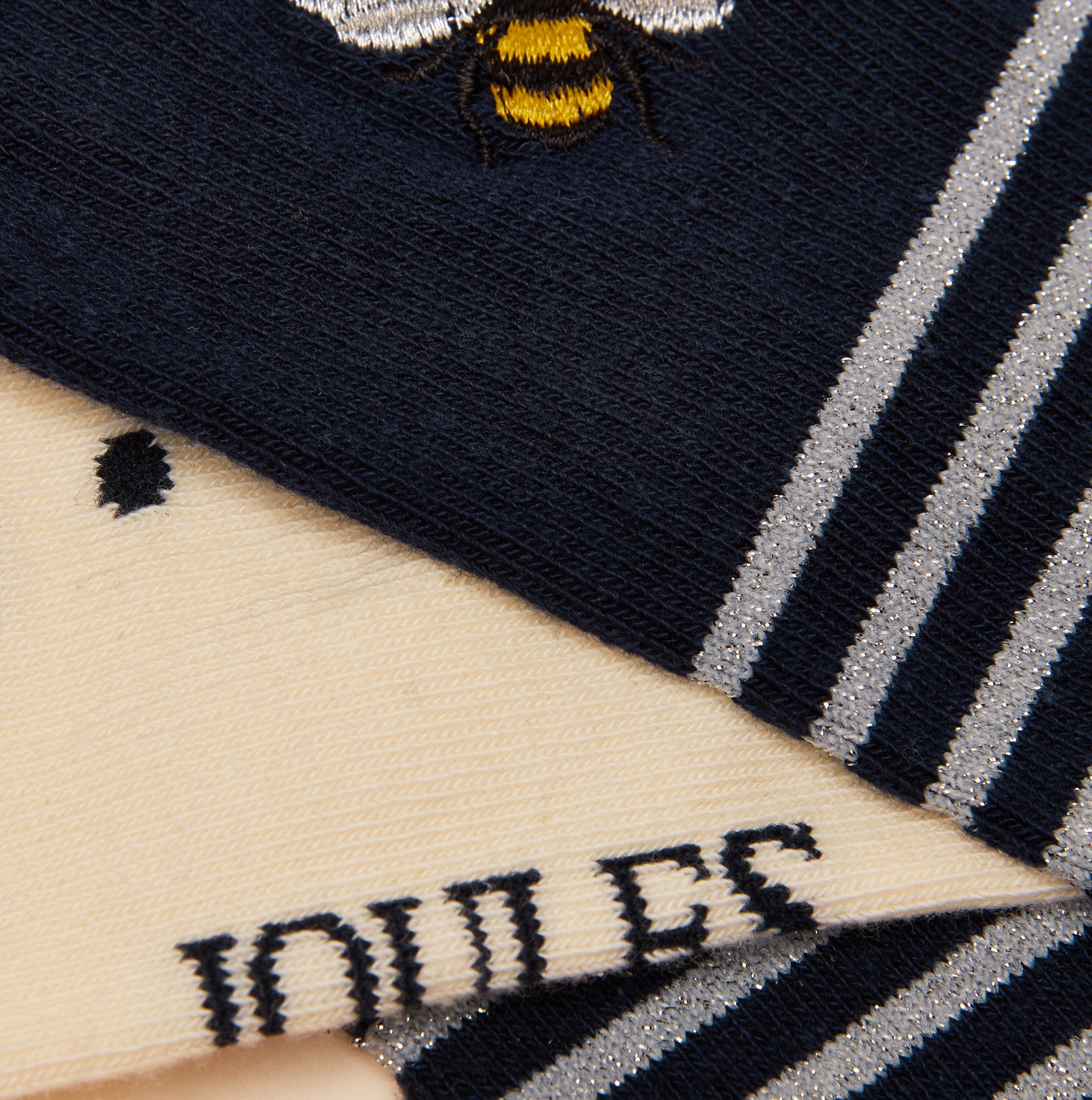 Joules EVERYDAY Womens Socks Navy/White detail view featuring navy socks with bee design and striped pattern.
