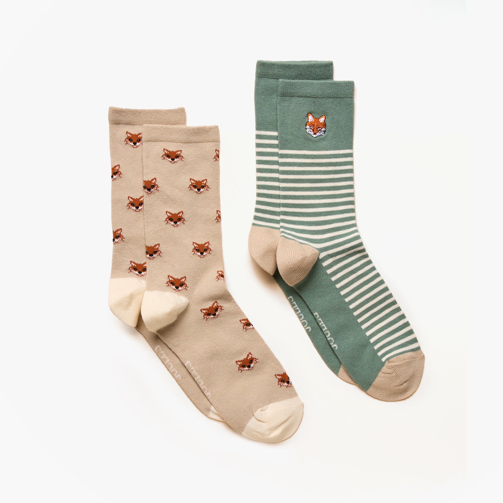 Joules EVERYDAY Womens Socks Khaki/Stone front view showcasing two designs: one with fox print and one with striped pattern.