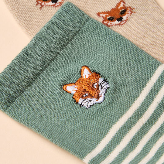 Joules EVERYDAY Womens Socks Khaki/Stone detailed view showing embroidered fox design and green stripe pattern.